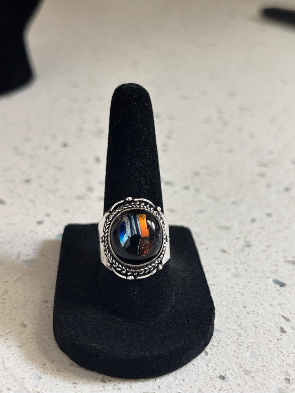 Multi-Color Fancy Dichroic Glass Cabochon Silver Ring Size 7
